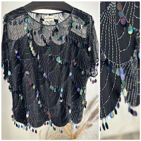 100% Silk Oleg Cassini Black Paillette Sequins Top Blouse Vintage Medium - Picture 1 of 7